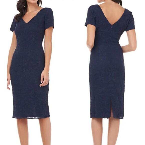JS Collections dress Erin V neck midi dark blue size 4 - Picture 1 of 5
